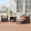Acekool 5 Piece Balcony Patio Set Brown Rattan Armchairs with Soft Cushions 2 Hidden Ottomans and Glass Storage Table for Porch Lawn Deck - 4 of 4