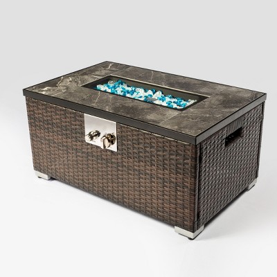 Gas Fire Table with Marble Tabletop, Lid and Rain Cover, Propane Wicker Fire Pit Desk for Backyard