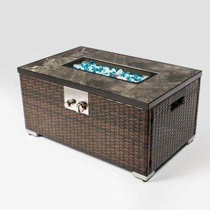 Gas Fire Table with Marble Tabletop, Lid and Rain Cover, Propane Wicker Fire Pit Desk for Backyard - 1 of 4