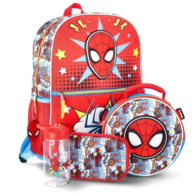 Marvel Spider-Man Kids School Backpack 16" 5PC Lunch Kit, Zip Case, Keychain and Water Bottle 5-Piece Set, Red