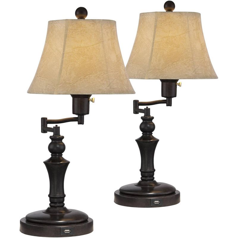 Regency Hill Traditional Swing Arm Desk Table Lamps 21.75" High Set of 2 with USB Port Bronze Metal Faux Leather Shade for Living Room Bedroom, 1 of 8