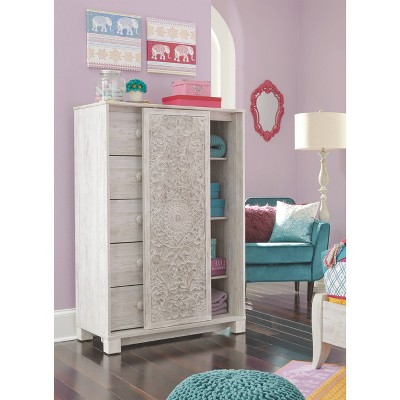 Whitewash Bohemian 5-Drawer Chest with Carved Door