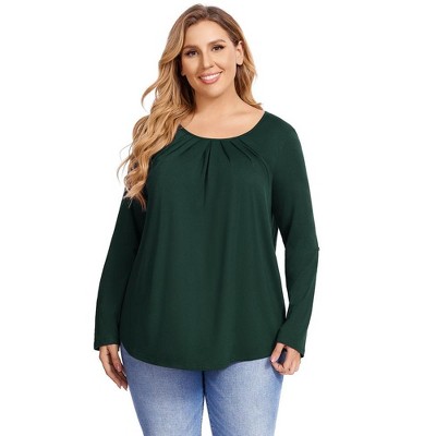 WhizMax Women Pleated Flowy Top 3/4 Roll Sleeve Casual Loose Blouse Round Neck Tunic Shirt Long Sleeve
