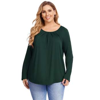 WhizMax Women Plus Size Pleated Flowy Top 3/4 Roll Sleeve Casual Loose Blouse Round Neck Tunic Shirt Long Sleeve
