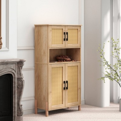 Mid Century Modern Storage Cabinet with Doors, 4 Door Accent Cabinet with Woven Rattan Panels for Living Room, Entryway or Bedroom-Maison Boucle