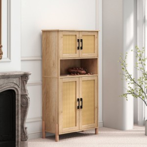 Mid Century Modern Storage Cabinet with Doors, 4 Door Accent Cabinet with Woven Rattan Panels for Living Room, Entryway or Bedroom-Maison Boucle - 1 of 4