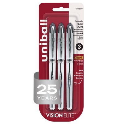 uniball Vision Elite Black Rollerball Pens 3ct Capped 0.8mm Bold Pen: Fade & Water-Resistant, Pocket Clip, Stationery