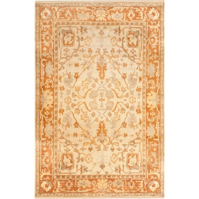 Ivory and Rust Hand-Knotted Wool Floral Area Rug 6' x 9'