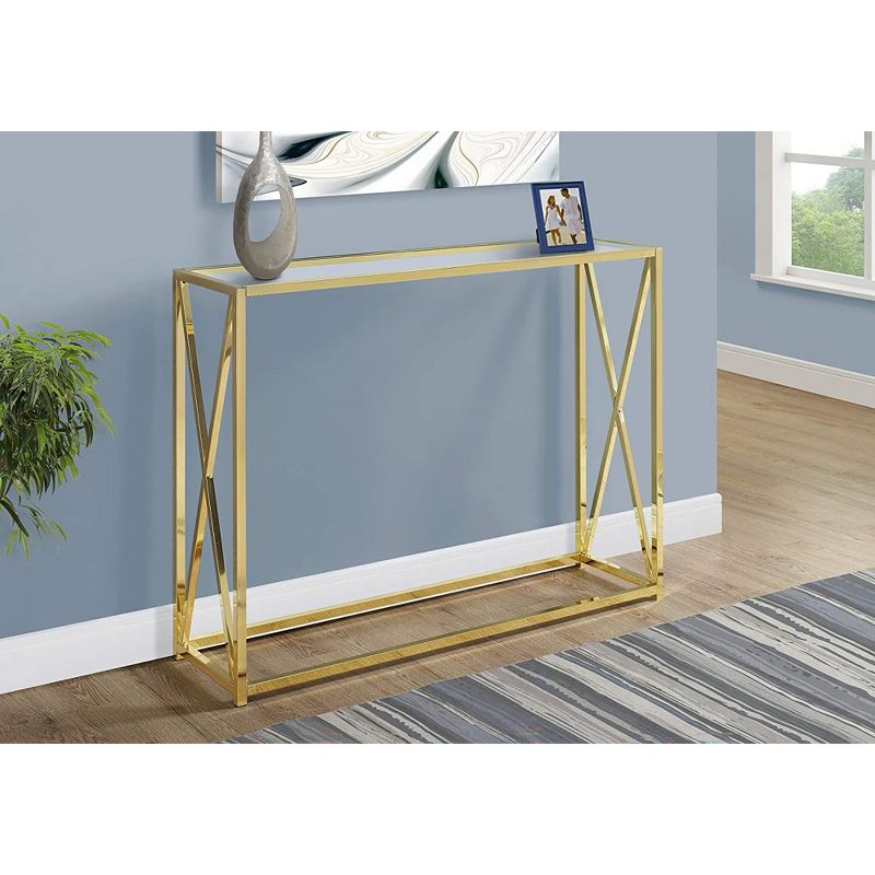 Monarch Specialties 42.25 Inch Modern Chic Glass Top Metal Frame Console Accent Table with Criss-Cross Legs for Living Rooms and Offices, Gold, 2 of 5