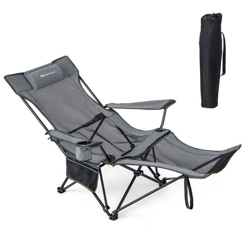 Costway Folding Camping Chair with Detachable Footrest for Fishing, Camp, Picnics Khaki/Grey, 1 of 11