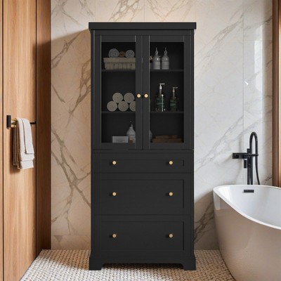 70.1" Modern High Freestanding Tall Bathroom Cabinet with 2 Adjustable Shelves, 3 Drawers, Soft Close Glass Doors - Leovsnove