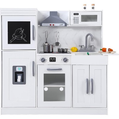 Wooden Play Kitchen Set, Pretend Play Kitchen with Cookware Accessories, Microwave, Oven, Sink, Real Lights & Sounds for 3+ Chef Pretend Play