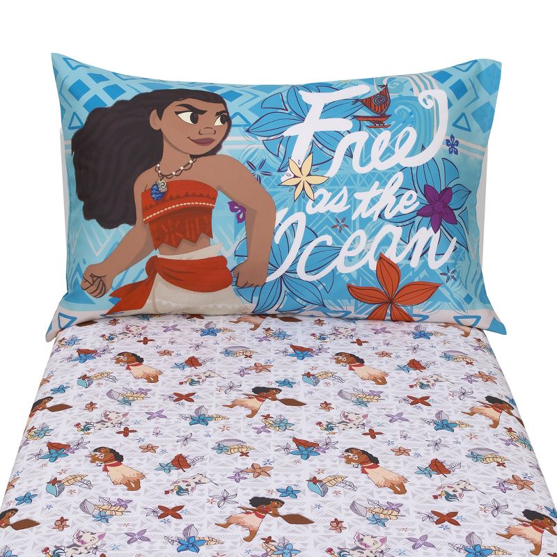 Disney Moana Free as the Ocean Aqua, Purple, Orange, and White Tropical 2 Piece Toddler Sheet Set - Fitted Bottom Sheet and Reversible Pillowcase, 4 of 7