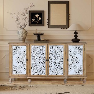 Farmhouse Accent Cabinet with 4 Carved Doors, Distressed Sideboard Buffet Cabinet with Storage, Vintage Credenza-- Frevyn - 1 of 4