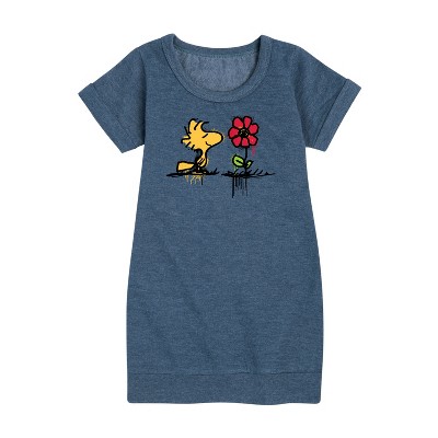 Peanuts Woodstock Rose Graphic Short Sleeve Fleece Dress - Heather Navy - Large