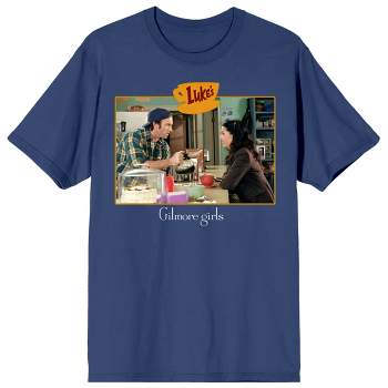 Gilmore Girls Luke and Lorelei in Luke's Cafe Screenshot Women's Navy Blue Graphic Short Sleeve Crew Neck Tee