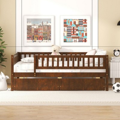 Full Size Daybed Wood Bed With Two Drawers, Fence Rails And Storage Full Size Bed Frame For Girls & Boys Kids Bedroom No Box Spring Bed Frame