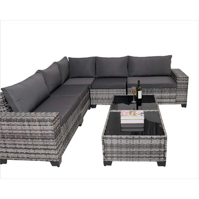 Nertpow Deluxe 7-Piece Outdoor Patio Furniture Set with 2 Talbe, Versatile Patio Conversation Set for Backyard, Grey Rattan Grey Cushion