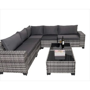 Nertpow Deluxe 7-Piece Outdoor Patio Furniture Set with 2 Talbe, Versatile Patio Conversation Set for Backyard, Grey Rattan Grey Cushion - 1 of 4