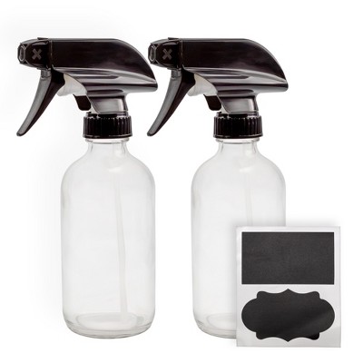 Cornucopia Brands 8oz Clear Glass Spray Bottles 2pk; Boston Round Bottles w/ 3-Setting Adjustable Black Heavy Duty Sprayers & Chalk Labels