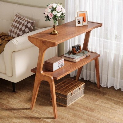 APRILSOUL Solid Wood Side Table 2-Tier Farmhouse Couch Side Table, Rustic Slim Tall Sofa End Table with Storage Shelf for Living Room
