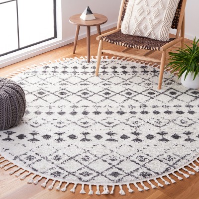 Cream and Dark Grey Round Trellis Shag Area Rug