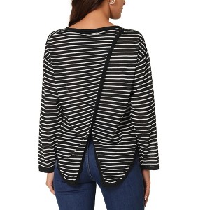 Seta T Women's Round Neck Long Sleeve Back Split Curved Hem Striped Knit Sweater - 1 of 4