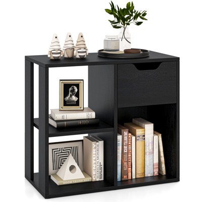 Tangkula 3-Cubby Bookcase with Drawer Modern Simple Bookshelf Display Rack with 2-Tier Open Shelves Multifunctional Storage Cabinet Side Table Black