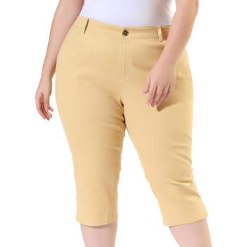 Agnes Orinda Women's Plus Size Zipper Button Slash Pocket Side Slit Elastic Back Capri Pant