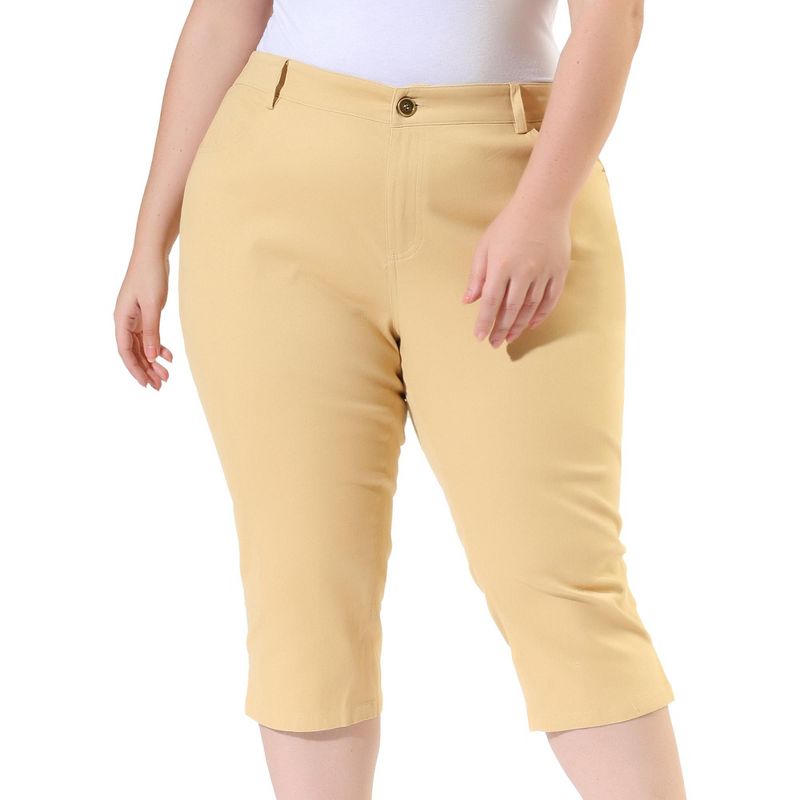 Agnes Orinda Women's Plus Size Zipper Button Slash Pocket Side Slit Elastic Back Capri Pant, 1 of 7