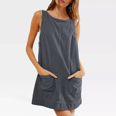 Women's Corduroy Overall Dress Round Neck A Line Jumper Open U Back Mini Dress with Pockets Front Seam Style Outfits