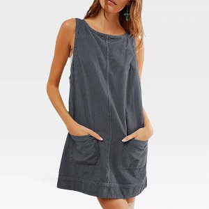 Women's Corduroy Overall Dress Round Neck A Line Jumper Open U Back Mini Dress with Pockets Front Seam Style Outfits - 1 of 4