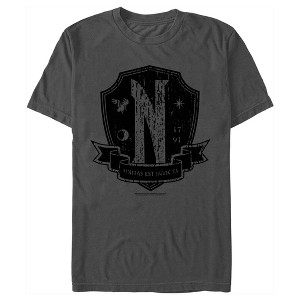 Men's Wednesday Nevermore Academy Distressed Emblem T-Shirt - 1 of 4