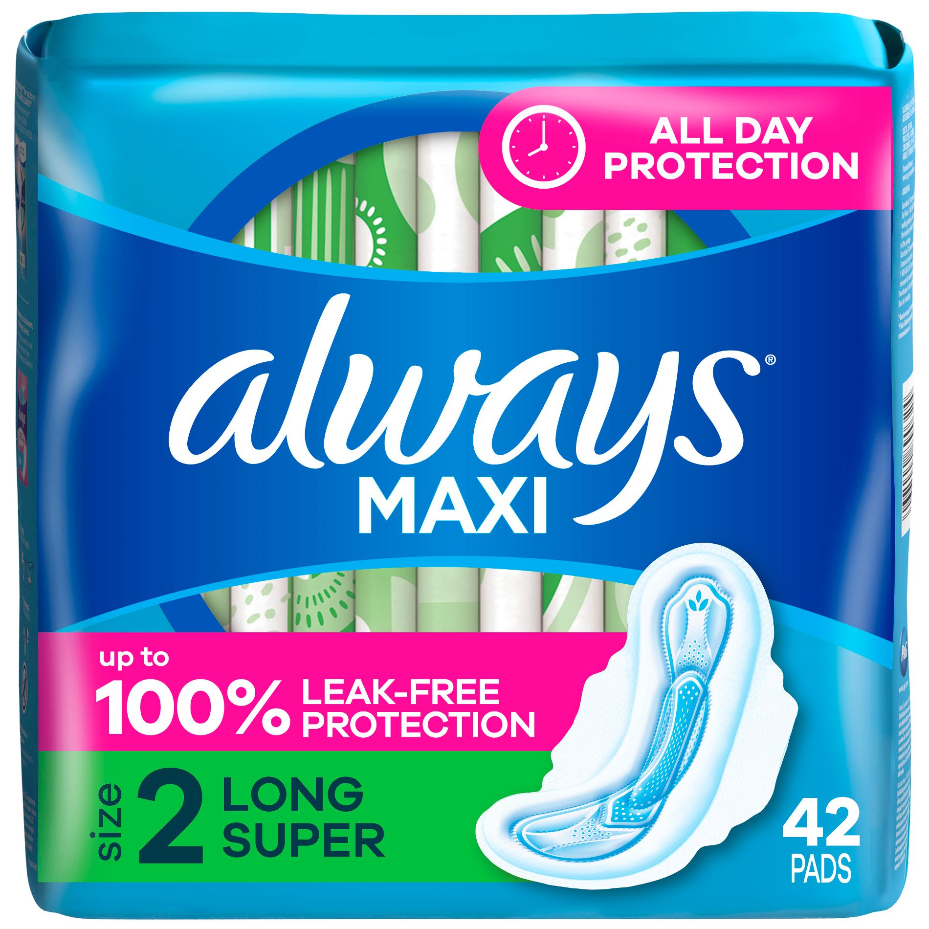 Always Maxi Pads Long Super Absorbency Unscented with Wings - Size 2 - 42ct