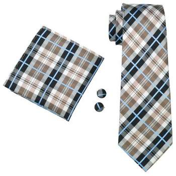 Men's Brown, Black And White Plaid 100% Silk Neck Tie With Matching Hanky And Cufflinks Set