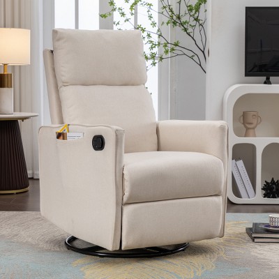Recliner Chair, Swivel Rocking Chair With Adjustable Footstool, Adjustable Backrest, Right Pocket, Manual Handle, Round Metal Bottom Legs