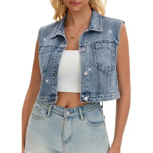 INSPIRE CHIC Women's Turndown Collar Denim Button Down Rhinestones Sleeveless Cropped Jean Jacket - 1 of 4