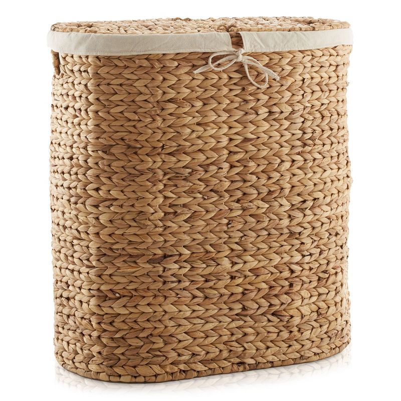 Casafield Oval Laundry Hamper with Lids and Removable Liner Bags, Woven Water Hyacinth 2-Section Laundry Basket for Clothes and Towels, 3 of 7