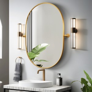 Wooakway Oval Metal Bathroom/Vanity Mirror Pivoting Accent Mirror for Living Room Bathroom Bedroom Entryway Black/Gold - 1 of 4