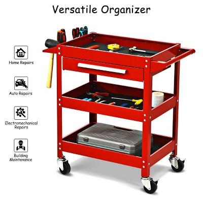 Red Steel Three Tray Rolling Utility Cart with Drawer