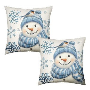 Blue Snowman Winter Pillow Covers 18x18 Set of 2 Christmas Snowflakes Bird - 1 of 3