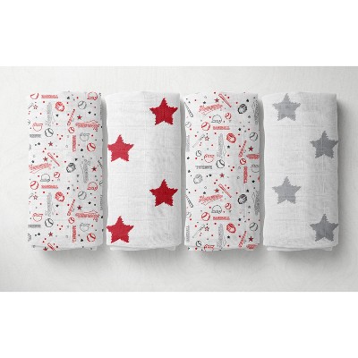 Bacati - Baseball Red/Gray Muslin Swaddling Blankets set of 4