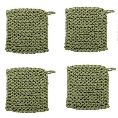 TAG Olive Green Crocheted Cotton Trivet Potholder – 8"x8", Heat-Resistant with Hanging Loop, Machine Washable, Protect Hands and Surfaces Set of 4