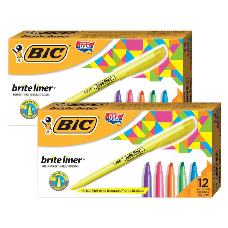 BIC® Brite Liner Highlighters Markers, Assorted Colors, Chisel Tip, 12 Per Pack, 2 Packs, 1 of 8