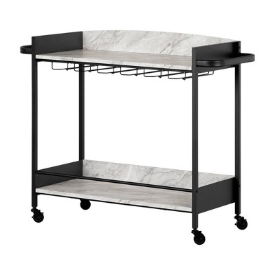 City Life Bar Cart with Wine Glass Rack Black/Faux Carrara Marble - South Shore