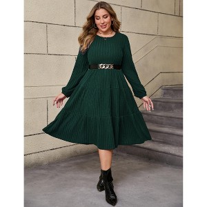 Plus Size Women's Long Knit Dress with Lantern Sleeves, Soft Casual Crewneck Tunic Sweater Dress for Tall Ladies - 1 of 4