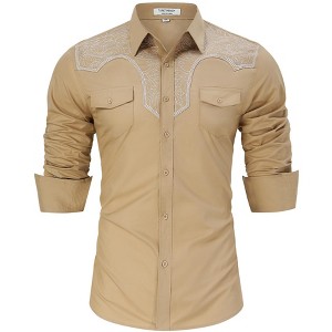 Men's Cowboy Shirt Western Floral Embroidered Casual Button Down Long Sleeve Shirts with Pockets - 1 of 4