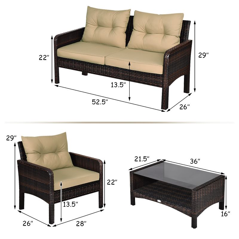 Costway 4PCS Patio Rattan Furniture Set Loveseat Sofa Coffee Table Sofa w/Cushion Garden, 3 of 11
