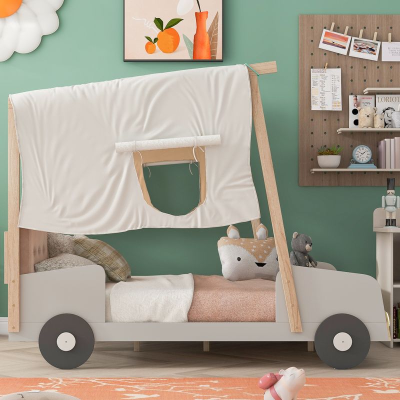 Wooden Car Bed with Pillows, Ceiling Cloth and LED, Natural - ModernLuxe, 3 of 13