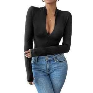Coolmee Womens Long Sleeve Bodysuit Mock Turtle Neck Body Suits Zip Up Black Tummy Control Bodysuit Shirts - 1 of 4